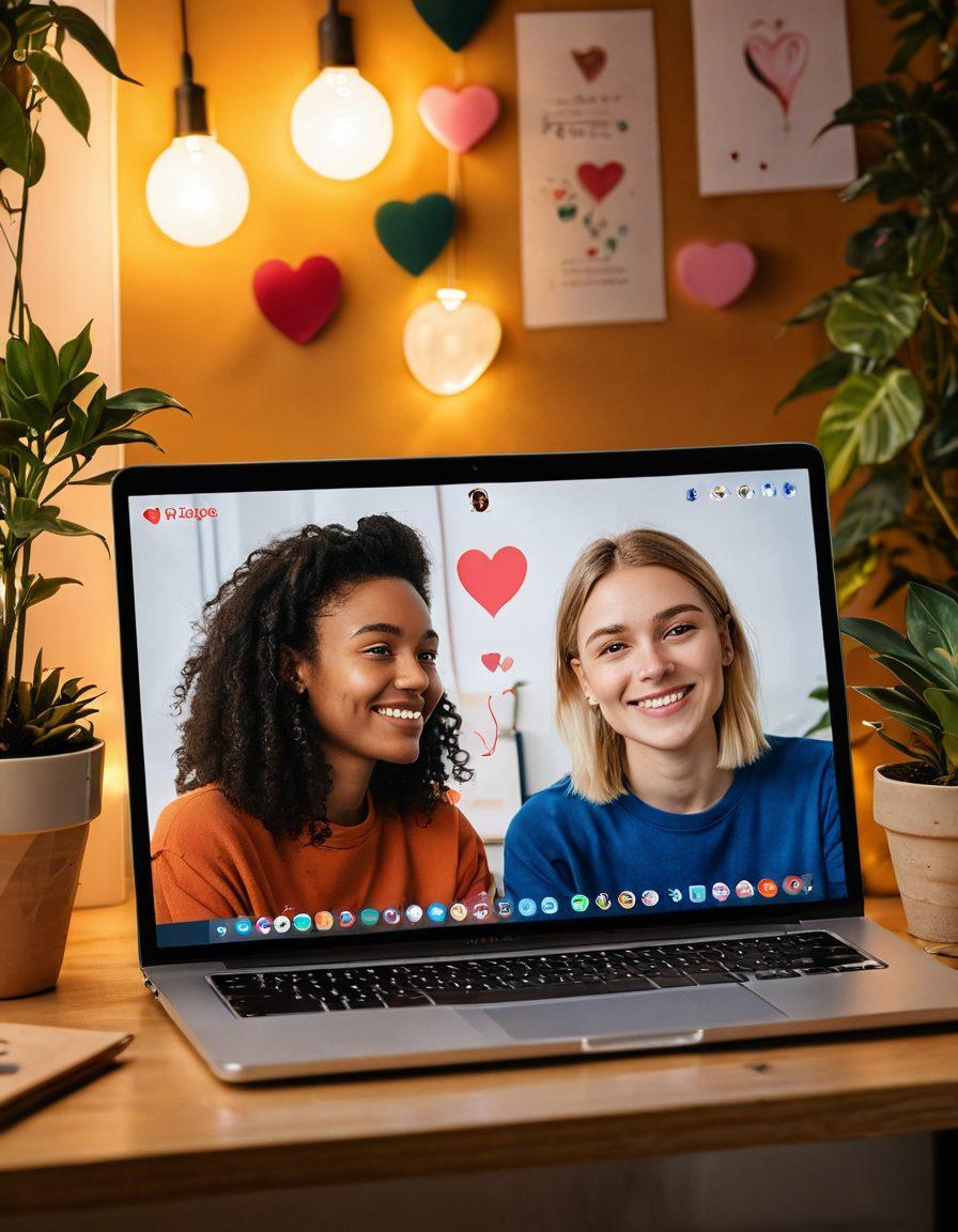 A cozy and inviting scene of two people engaging in a video call, surrounded by warm lighting and personal touches like plants and artwork. Include symbols of connection, such as hearts or chat bubbles, subtly woven into the background. A laptop screen showing a charming online dating profile adds to the theme. The overall atmosphere should evoke intimacy and sincerity. vibrant colors. super-realistic.