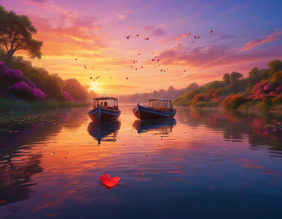 A serene and beautiful river scene, where two boats float side by side on shimmering waters symbolizing connection. On one boat, a laptop captures a heart-shaped glow, while the other boat showcases vibrant messages flying between them like butterflies. Delicate flowers adorn the banks, and a sunset paints the sky in warm hues. The overall ambiance feels inviting and romantic, representing the crafting of unforgettable online relationships. vibrant colors. super-realistic. romantic scenery.
