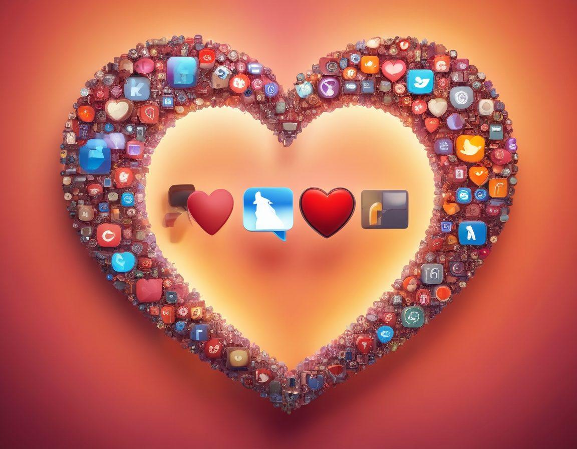 A heart split into two halves, one side depicting vibrant digital icons of social media and messaging apps, while the other transforms into symbols of commitment like wedding rings and love letters. The background should subtly blend warm colors representing passion and cool tones indicating tranquility, with an ethereal glow around the heart. This image should evoke feelings of connection, evolution, and love within the digital age. super-realistic. vibrant colors. soft focus.